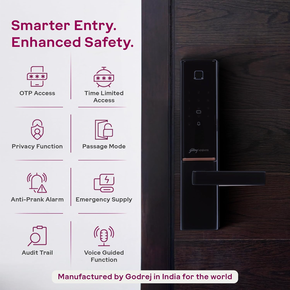Godrej Smart Lock | The Only 7 in 1 NFC Digital Lock with Scheduled Biometric Access | VDP Compatible | Wooden Door in Home & Offices | Matte Black |3 Yrs Warranty |Made in India